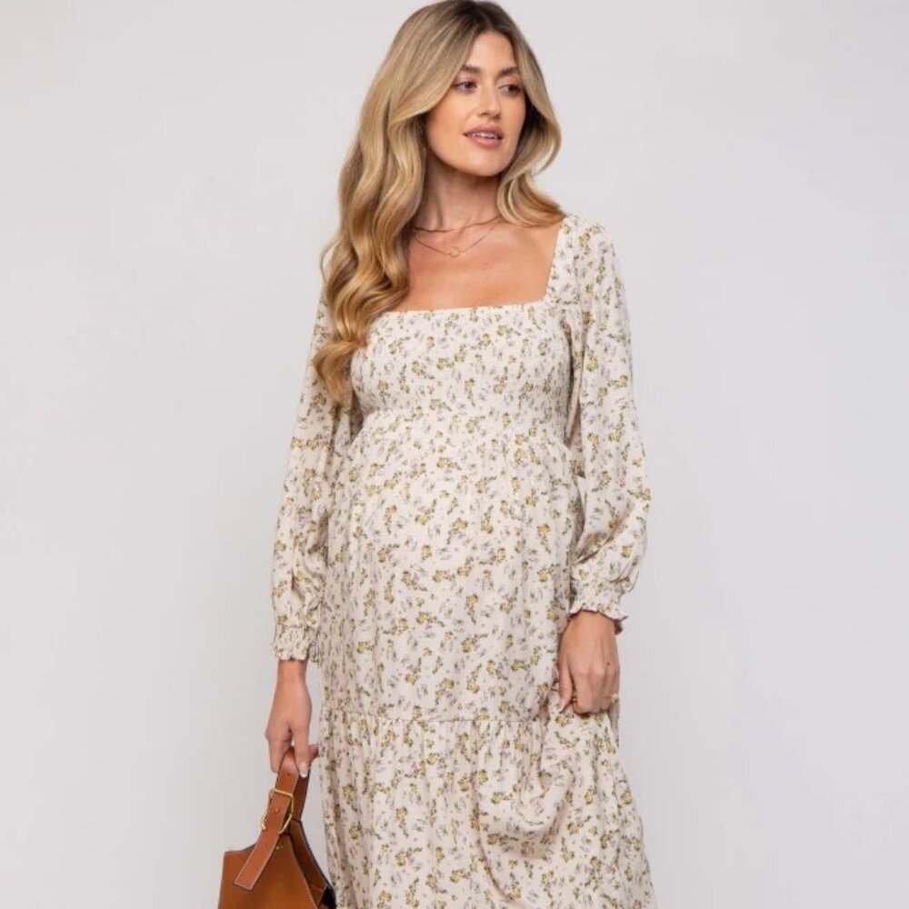 Pinkblush Maternity Cream Floral Smocked Long Sleeve Maternity Maxi Dress